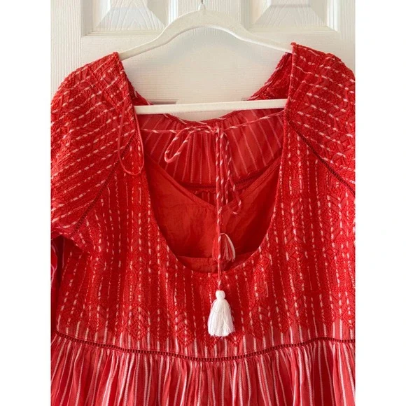 Free People Lola Embroidered Tiered Mini Dress Boho Festival Tassel Tie - Picture 5 of 9